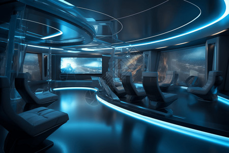 具有高科技屏幕和先进投影技术的未来派电影院。，高清背景图片