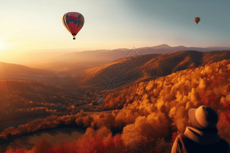 人往高处走热气球与秋色背景