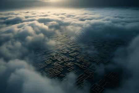 高耸的集成电路从云海中崛起的超现实景观高清图片