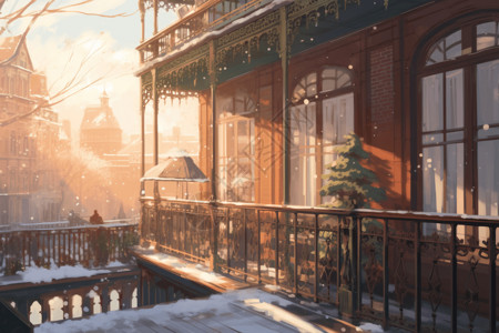 新海诚风格雪景落日的插图背景图片