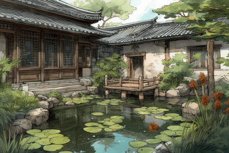 江南庭院池塘美景背景图片