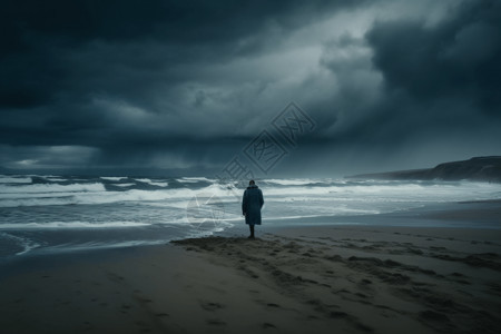 一个人在荒芜的海滩上高清图片