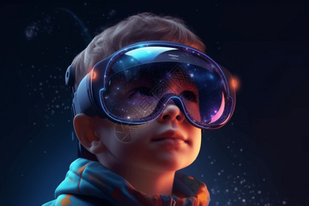 四眼可爱的戴着ar眼镜的小孩抬头探索太空插画