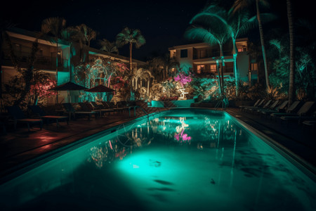 酒店游泳池的夜景图片