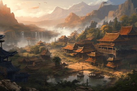 山丘上的中国村庄背景图片