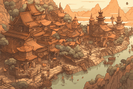 湖边的中式村庄背景图片