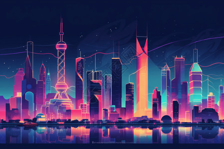 霓虹风格城市夜景背景图片