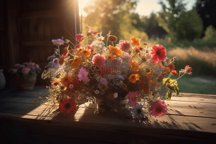 木桌上的野花。图片