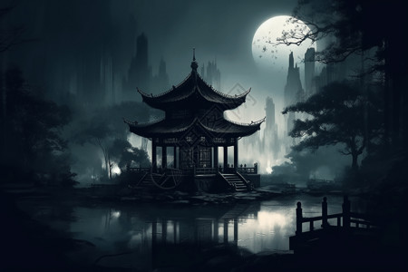 凉亭夜景夜晚月光下的凉亭插画