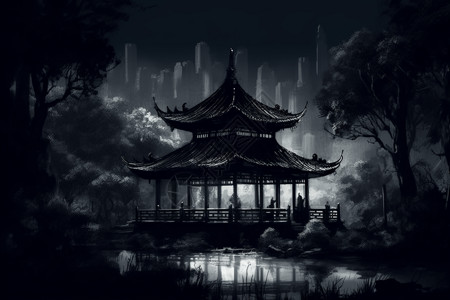 凉亭夜景夜晚的凉亭插画