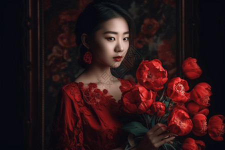 红色连衣裙的中国女孩高清图片