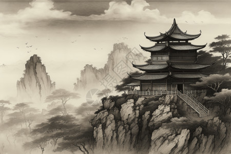 建筑高清云海里的中国水墨风宫殿插画