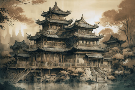 中国建筑精美精美的中国宫殿水墨画插画