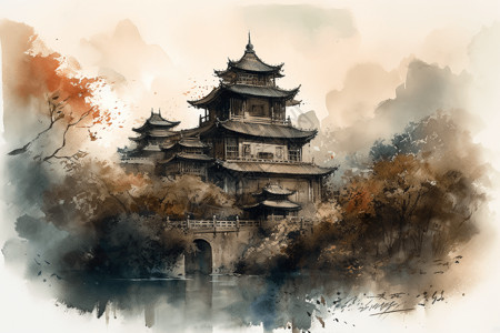 中国建筑精美精美的中国宫殿水墨画插画