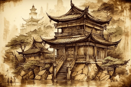 中国传统水墨风古建筑背景图片