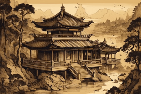 中国传统水墨风古建筑图片