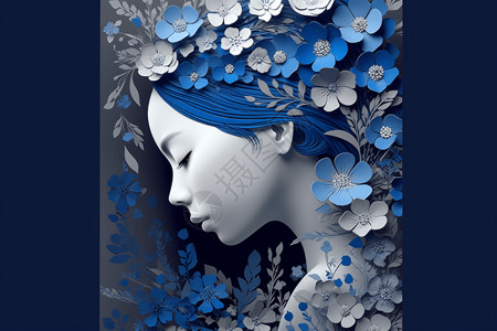 蓝色花卉女人图片