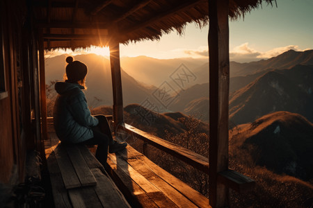 夕阳西下眺望山崖的女孩高清图片