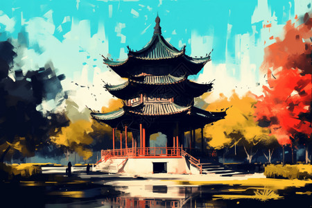 现代城市公园中的中国馆背景图片