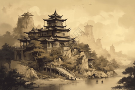 传统水墨风的中国宫殿背景图片