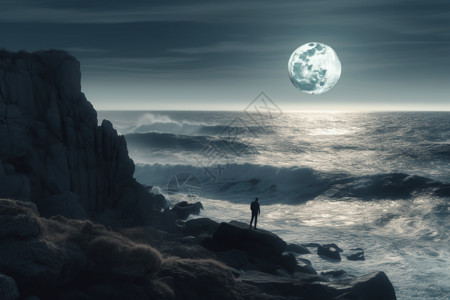 夜间站在岩石上的人背景图片