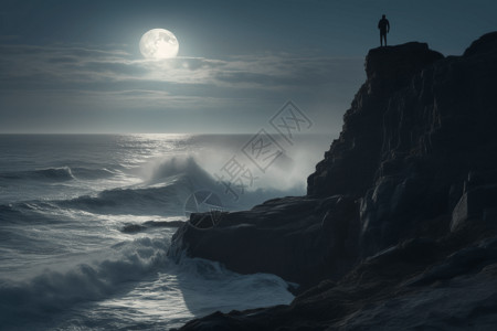 月亮大海一个人站在岩石上背景