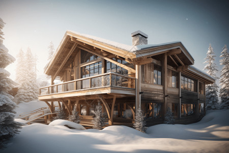 冬天别墅雪地里的木制别墅设计图片