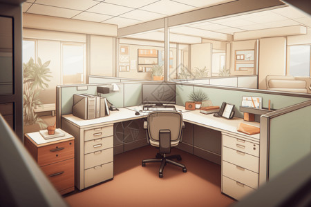 办公室简洁桌面温馨的办公室插画