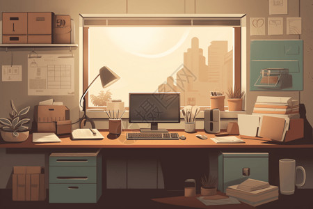 办公室简洁桌面办公室房间插画