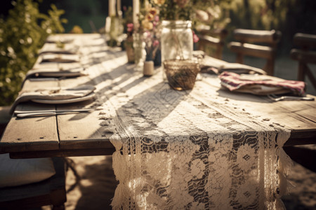 食物装饰波西米亚婚礼中的亚麻桌布设计图片