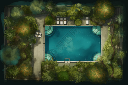 高档酒店效果图酒店花园泳池俯瞰视角效果图插画