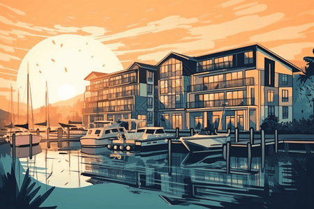 日落下的海滨酒店和游船码头图片