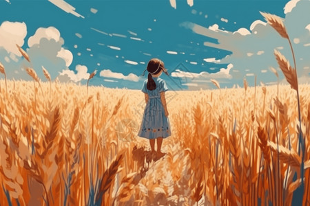 蓝天白云微风小麦田里的小女孩背景图片