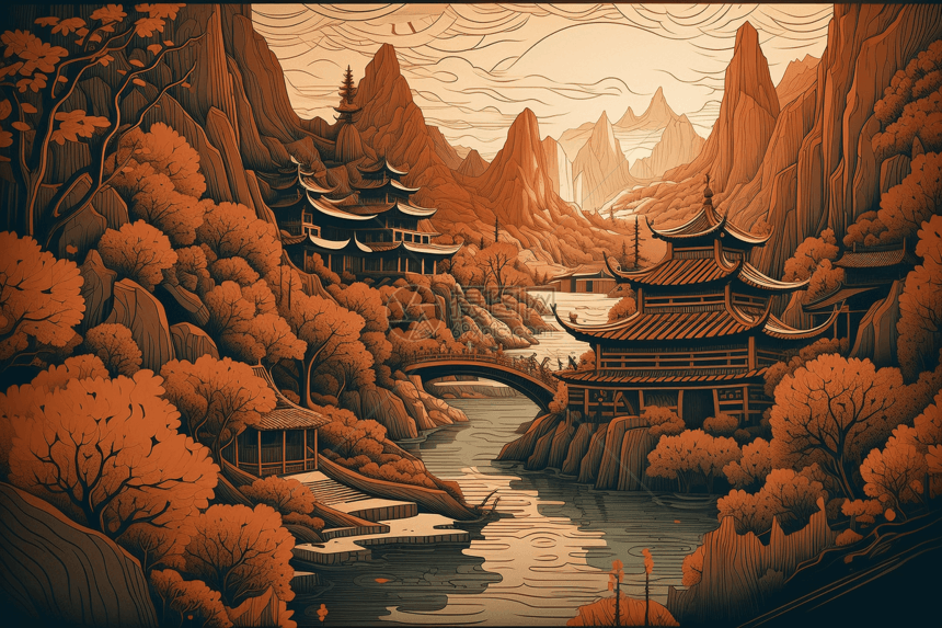中式插画建筑风景图片