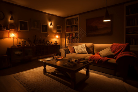 舒适的沙发和温暖的照明的客厅背景图片
