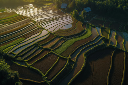 俯拍水稻梯田田地高清图片素材