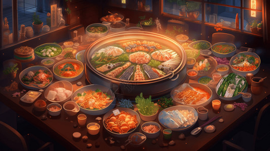 火锅店摆满一桌的美食插画
