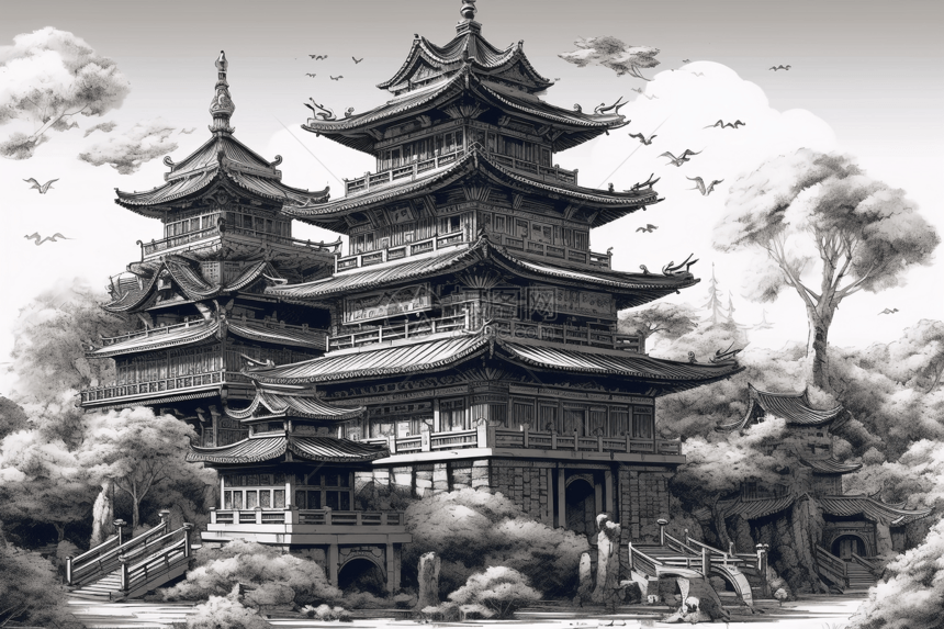 一幅中国宫殿的高超水墨画图片