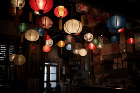 日式居酒屋海报彩色灯笼装饰的居酒屋背景