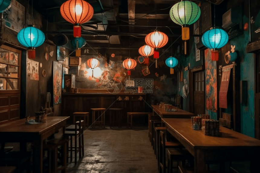 日式彩色灯笼的饭馆图片