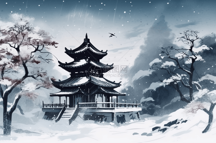 雪域山水中的中式建筑插画图片