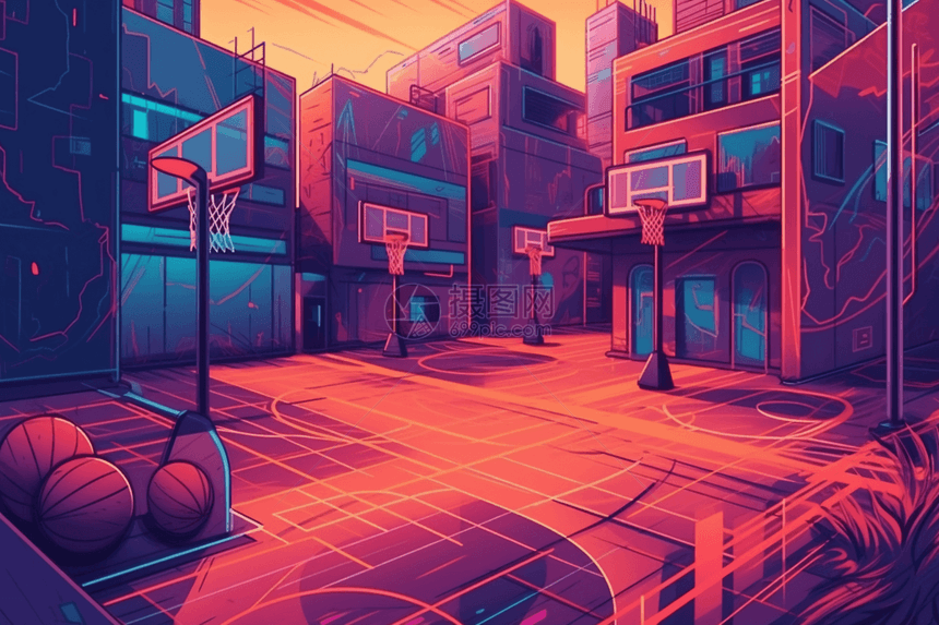 手绘城市接头篮球场图片