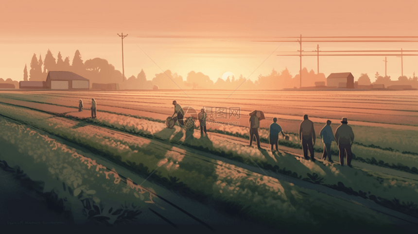 一群农民在日出时耕作图片
