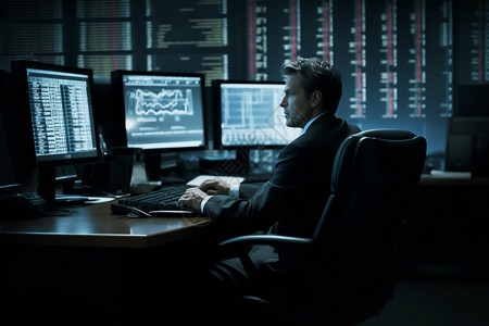 商人坐在计算机屏幕前看股市走向背景图片