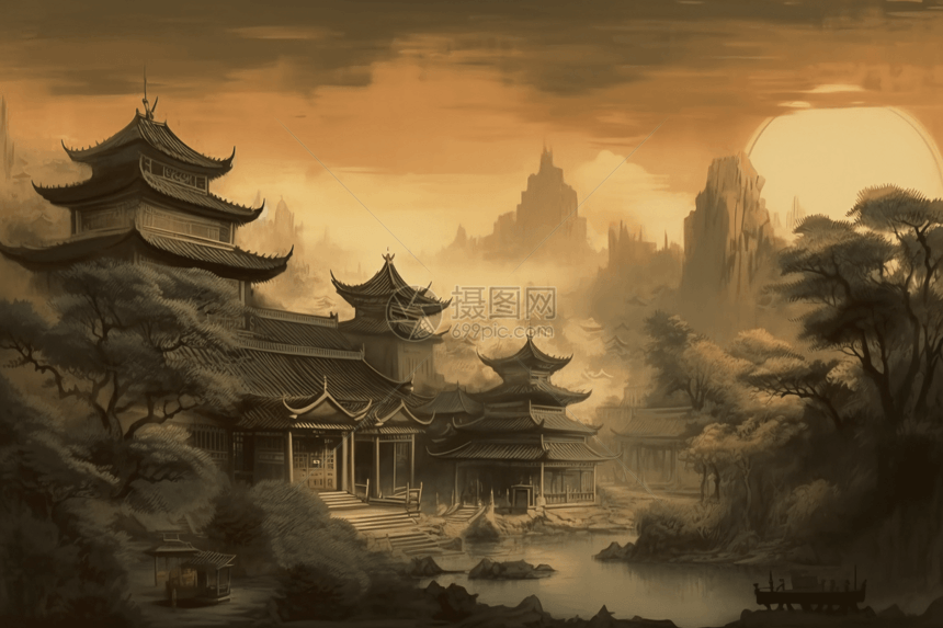 中式建筑风景插画图片