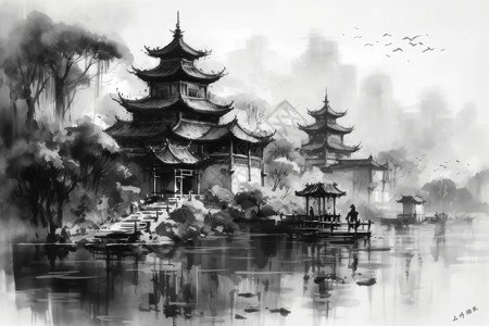 水墨风建筑风景插画图片