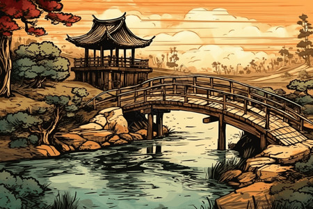 一座宁静的中国木桥图片