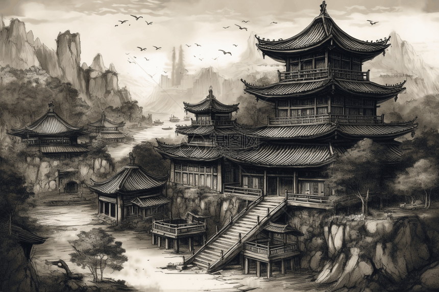 中式宫殿建筑插画图片