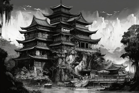 中式建筑插画图片