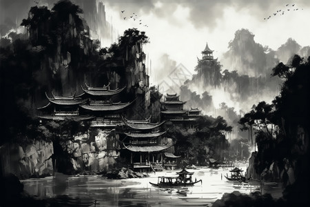 传统中式建筑水墨风格插画背景图片